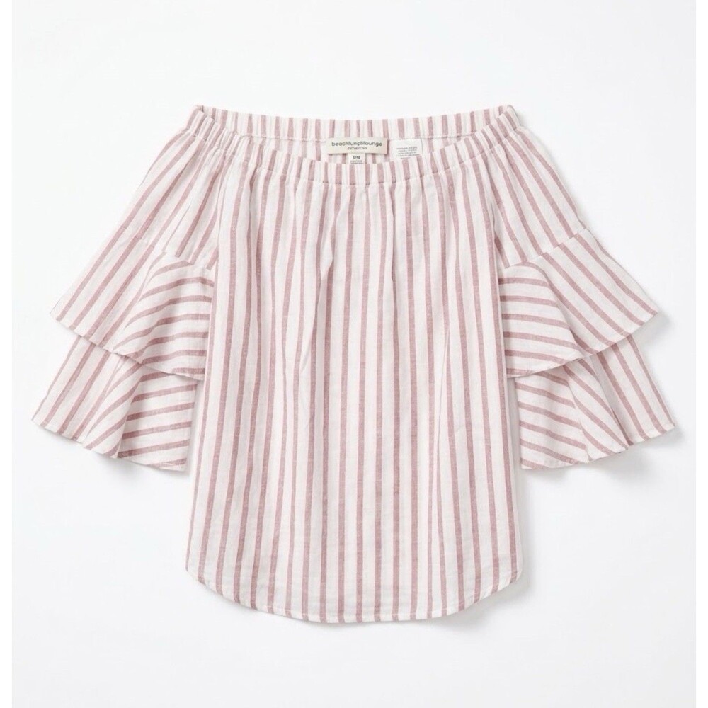 ⁠Beachlunchlounge Womens Medium Off Shoulder Top Pink Stripe Linen Blend Ruffle